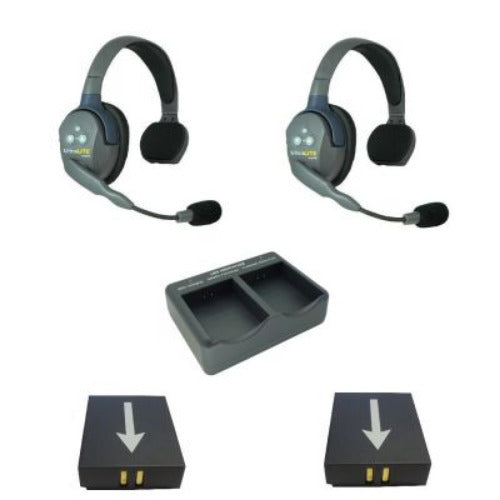 Eartec UltraLITE HD intercom wireless headsets 2 users 2 slot charger SKU UL2S — Two Eartec single sided wireless headsets with carrying case and charging station